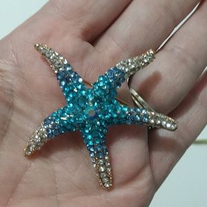 Blue Rhinestone Starfish Star Brooch Pin Bling Beach Summer Gold-tone